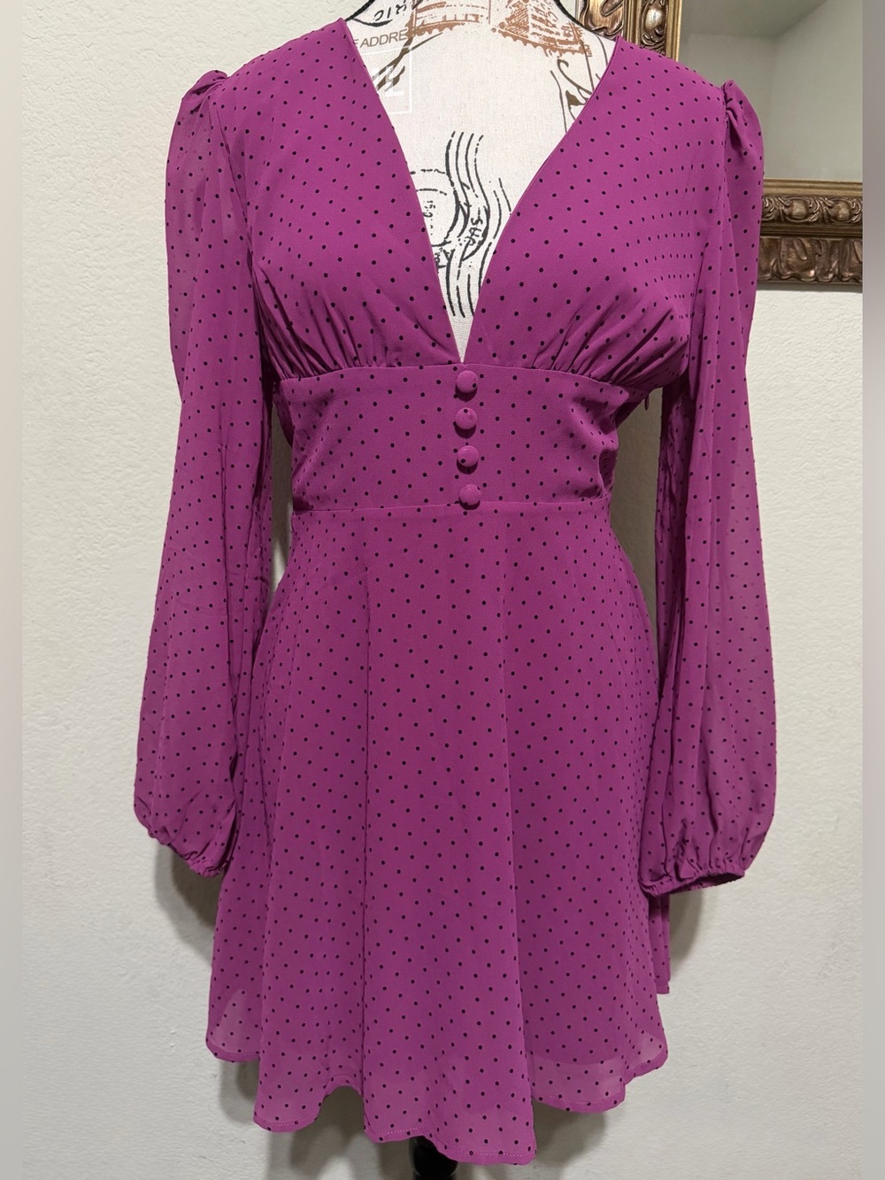 Nasty Gal Magenta Polka Dot Deep V Long Sleeve Mini Dress